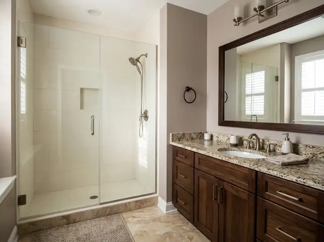 Renovated bathroom with a glass walk-in shower and a dark wood vanity with a granite top