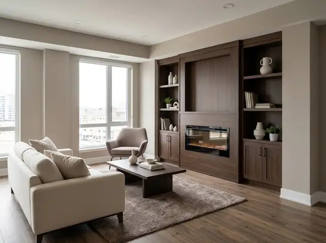 Living room with new wood flooring, white baseboards and a built-in electric fireplace